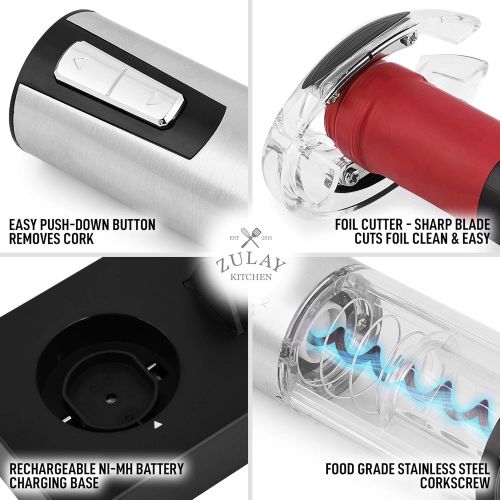  Zulay Kitchen Zulay Electric Wine Opener With Charging Base and Foil Cutter - Stainless Steel Automatic Wine Bottle Opener - Rechargeable Electric Wine Bottle Opener - Wine Opener Electric Corks