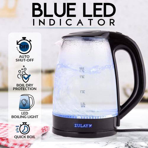  Zulay Kitchen 1.7L Glass Electric Kettle with Blue LED Light - BPA Free Borosilicate Glass Electric Tea Kettle Temperature Control Auto Shut-Off - 360°Cordless Hot Water Kettle Ele