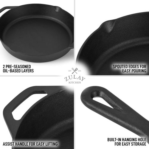  Zulay Kitchen Pre-Seasoned Cast Iron Skillet 12 Inch - Heavy Duty Seasoned Iron Cast Skillet For Indoor & Outdoor Cooking - Grill, Stovetop, Induction, Oven & Campfire Safe