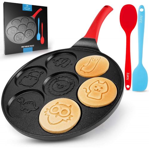  Zulay Kitchen Pancake Pan (7 Animal Face Designs and Two Bonus Spatulas) - Round Ceramic Pancake Pan Nonstick Surface & Comfortable Handle - Mini Pancake Pan Griddle