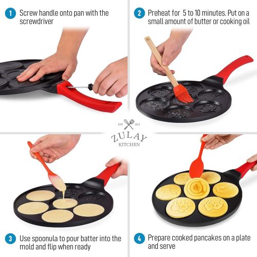  Zulay Kitchen Pancake Pan (7 Animal Face Designs and Two Bonus Spatulas) - Round Ceramic Pancake Pan Nonstick Surface & Comfortable Handle - Mini Pancake Pan Griddle