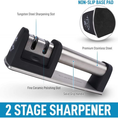  Zulay Kitchen Zulay Premium Quality Knife Sharpener for Straight and Serrated Knives Stainless Steel Ceramic and Tungsten - Easy Manual Sharpening for Dull Steel, Paring, Chefs and Pocket Knives