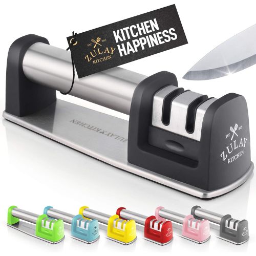  Zulay Kitchen Zulay Premium Quality Knife Sharpener for Straight and Serrated Knives Stainless Steel Ceramic and Tungsten - Easy Manual Sharpening for Dull Steel, Paring, Chefs and Pocket Knives