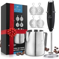 [아마존베스트]Zulay Kitchen Zulay Milk Frother Complete Set - Handheld Foam Maker for Lattes - Whisk Drink Mixer for Bulletproof Coffee, Mini Blender Perfect for Cappuccino, Frappe - Includes Frother, Stencil