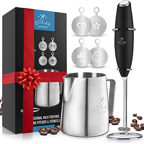  [아마존베스트]Zulay Kitchen Zulay Milk Frother Complete Set - Handheld Foam Maker for Lattes - Whisk Drink Mixer for Bulletproof Coffee, Mini Blender Perfect for Cappuccino, Frappe - Includes Frother, Stencil