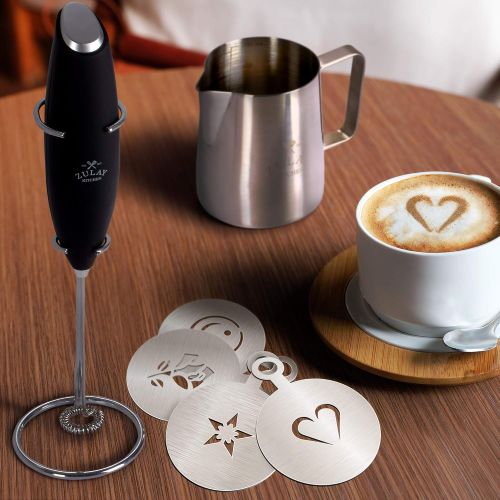  [아마존베스트]Zulay Kitchen Zulay Milk Frother Complete Set - Handheld Foam Maker for Lattes - Whisk Drink Mixer for Bulletproof Coffee, Mini Blender Perfect for Cappuccino, Frappe - Includes Frother, Stencil