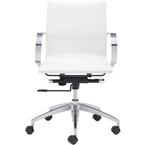  Zuo Modern 100375 Glider Low Back Office Chair, White, Slim Yet Comfortable Profile with Added Lumbar Support, Soft Leatherette Upholstery and Chrome Arms, Dimensions 27.6W x 33.9H