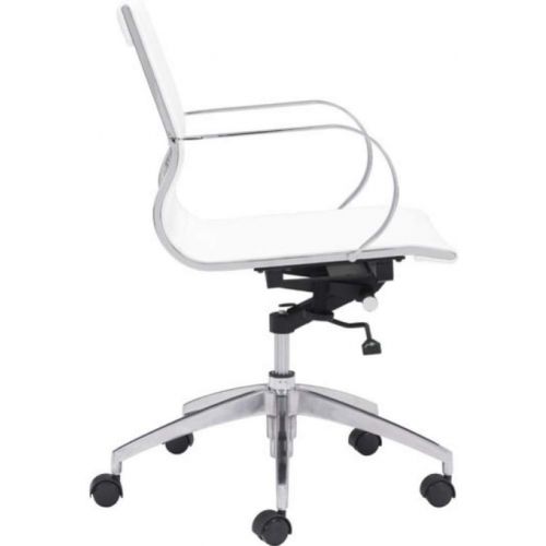  Zuo Modern 100375 Glider Low Back Office Chair, White, Slim Yet Comfortable Profile with Added Lumbar Support, Soft Leatherette Upholstery and Chrome Arms, Dimensions 27.6W x 33.9H