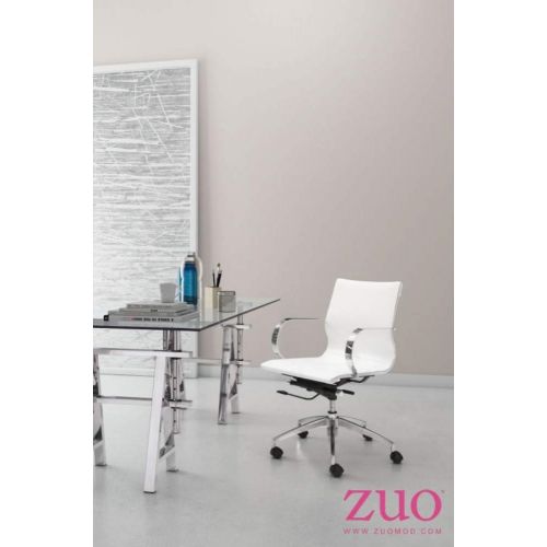  Zuo Modern 100375 Glider Low Back Office Chair, White, Slim Yet Comfortable Profile with Added Lumbar Support, Soft Leatherette Upholstery and Chrome Arms, Dimensions 27.6W x 33.9H