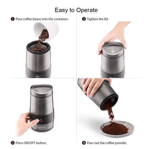  Coffee Grinder Electric, Zupora Spice & Grains Grinder with 200W Powerful Stainless Steel Blades, 50g Large Grinding Capacity, 8 Cups, One-Button Operation, Easy to Clean by Cleani