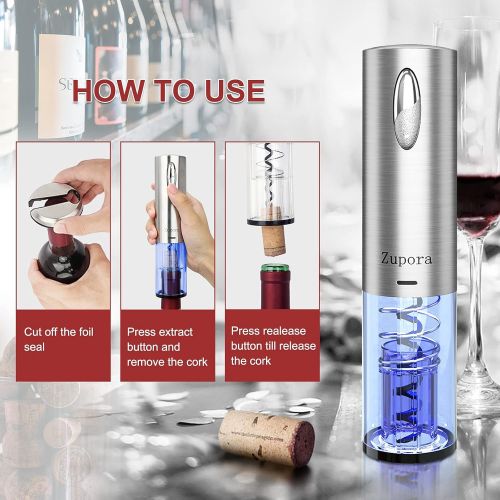  [아마존베스트]Electric Wine Opener, Zupora Rechargeable Cordless Automatic Corkscrew Wine Bottle Opener with Foil Cutter (Stainless Steel), USB Cable Charging, Refined Silver