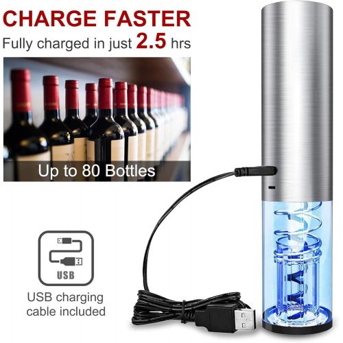  [아마존베스트]Electric Wine Opener, Zupora Rechargeable Cordless Automatic Corkscrew Wine Bottle Opener with Foil Cutter (Stainless Steel), USB Cable Charging, Refined Silver