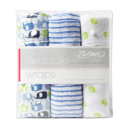  Zutano Cotton Muslin 3 Pack Swaddles, 47 x 47, Green Elephants & Dots