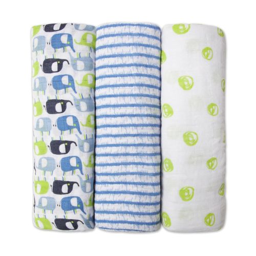  Zutano Cotton Muslin 3 Pack Swaddles, 47 x 47, Green Elephants & Dots