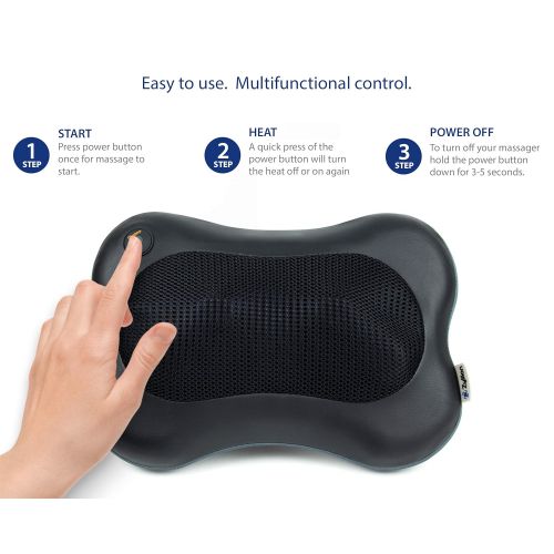  Zyllion Shiatsu Back Neck Massager - Kneading Massage Pillow with Heat for Shoulders, Lower Back, Calf, Legs, Foot - Use at Home, Office, and Car, ZMA-13-BK (Black)