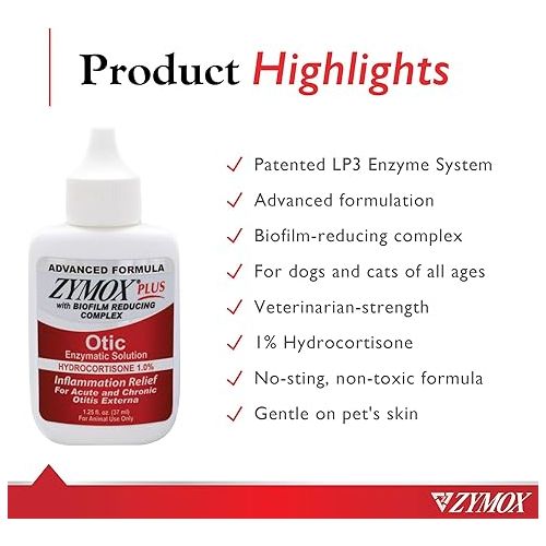  Zymox Advanced Formula Otic Plus Enzymatic Ear Solution for Dogs and Cats with 1% Hydrocortisone, 1.25oz