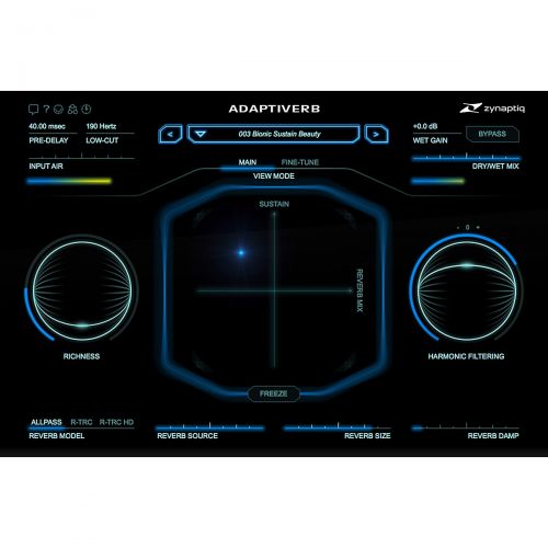  Zynaptiq},description:ADAPTIVERB is a harmonic tracking resynthesis reverberation plug-in. Unlike traditional reflection-based acoustic room modeling, ADAPTIVERB adds perceived dep