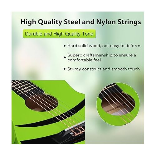  ADM Beginner Acoustic Classical Guitar Nylon Strings Wooden Guitar Bundle Kit for Kid Boy Girl Student Youth Guitarra Free Online Lessons with Gig Bag, Strap, Tuner, Picks (30 Inch, Geen)