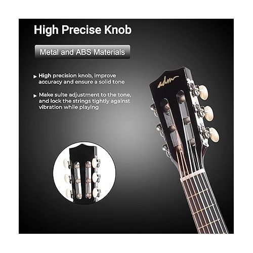  ADM Beginner Acoustic Classical Guitar 30 Inch Nylon Strings Wooden Guitar Bundle Kit for Kid Boy Girl Student Youth Guitarra Free Online Lessons with Gig Bag, Strap, Tuner, String, Pick, Black Color