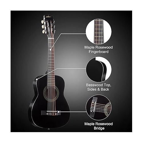  ADM Beginner Acoustic Classical Guitar 30 Inch Nylon Strings Wooden Guitar Bundle Kit for Kid Boy Girl Student Youth Guitarra Free Online Lessons with Gig Bag, Strap, Tuner, String, Pick, Black Color