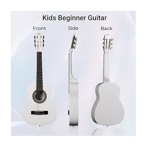  ADM Beginner Acoustic Classical Guitar Nylon Strings Wooden Guitar Bundle Kit for Kid Boy Girl Student Youth Guitarra Free Online Lessons with Gig Bag, Strap, Tuner, Picks (30 Inch, White)