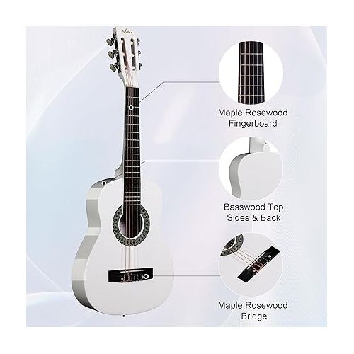  ADM Beginner Acoustic Classical Guitar Nylon Strings Wooden Guitar Bundle Kit for Kid Boy Girl Student Youth Guitarra Free Online Lessons with Gig Bag, Strap, Tuner, Picks (30 Inch, White)