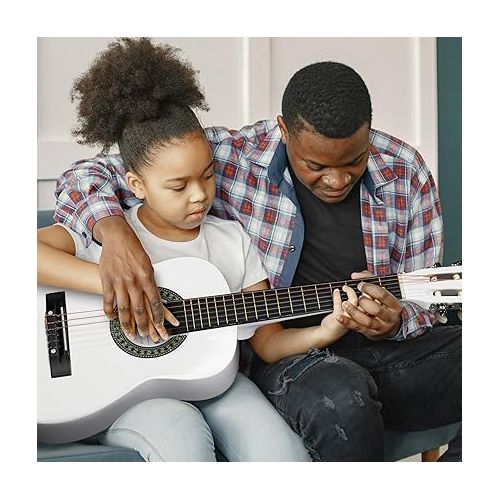  ADM Beginner Acoustic Classical Guitar Nylon Strings Wooden Guitar Bundle Kit for Kid Boy Girl Student Youth Guitarra Free Online Lessons with Gig Bag, Strap, Tuner, Picks (30 Inch, White)