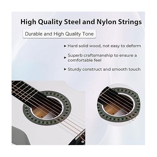  ADM Beginner Acoustic Classical Guitar Nylon Strings Wooden Guitar Bundle Kit for Kid Boy Girl Student Youth Guitarra Free Online Lessons with Gig Bag, Strap, Tuner, Picks (30 Inch, White)
