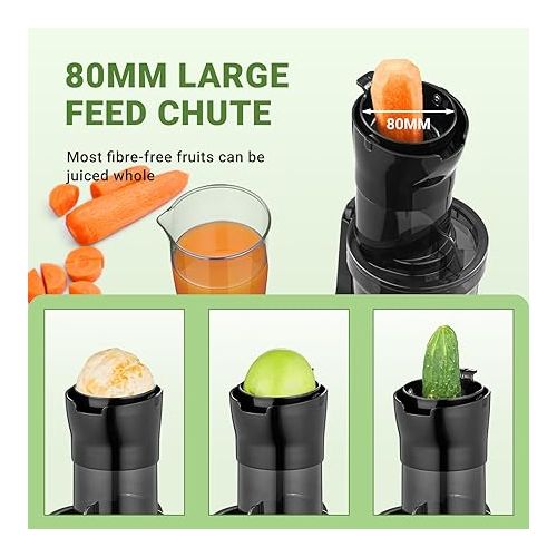  AMZCHEF Whole Fruit Juicer Machines, 80MM Large Feeding Chute Slow Masticating Juicer, Powerful Cold Press Juicers with Upgrade Auger, Double-Layer Filter, Retro Toggle Switch, Quiet Motor