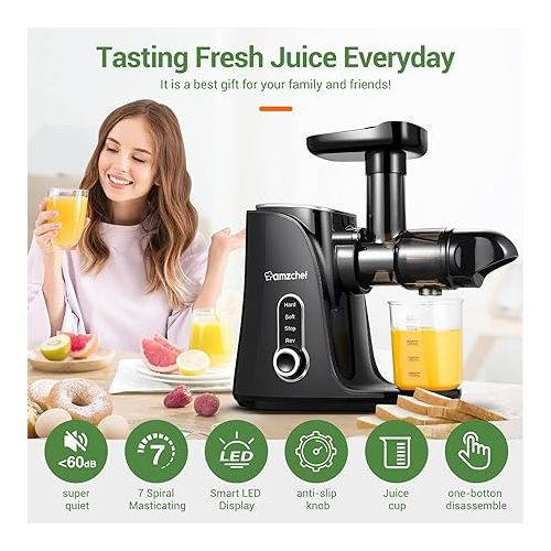  Juicer Machines,AMZCHEF Slow Masticating Juicer Extractor, Cold Press Juicer with Two Speed Modes, Travel bottle(500ML),LED display, Easy to Clean Brush & Quiet Motor for Vegetables&Fruits (Black)