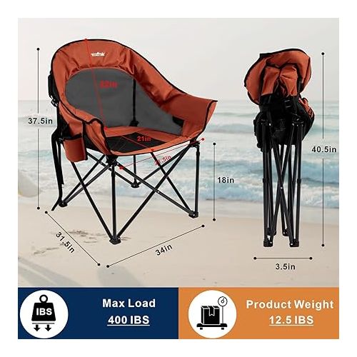  apollo walker Beach Chair,Portable Adults Stable Comfortable Folding Patio Lawn Chairs for Outdoor,Breathable Comfy Moon Round Chair Support to 400LBS,for Camping & Fishing & Barbeque,Orange