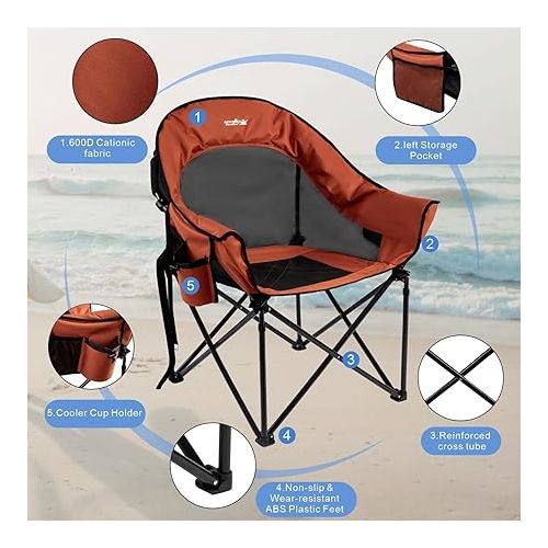  apollo walker Beach Chair,Portable Adults Stable Comfortable Folding Patio Lawn Chairs for Outdoor,Breathable Comfy Moon Round Chair Support to 400LBS,for Camping & Fishing & Barbeque,Orange