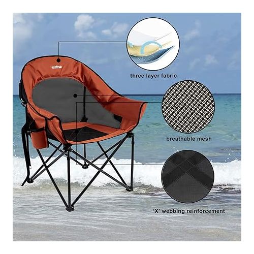  apollo walker Beach Chair,Portable Adults Stable Comfortable Folding Patio Lawn Chairs for Outdoor,Breathable Comfy Moon Round Chair Support to 400LBS,for Camping & Fishing & Barbeque,Orange