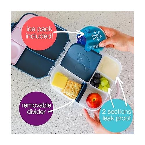  b.box Lunch Box for Kids: Jumbo Bento Box with 4 Compartments (2 Leak proof), Removable Divider, Gel Cold Pack. For Older Kids and Big Eaters Ages 3+. School Supplies (Indigo Rose, 8½ Cup Capacity)