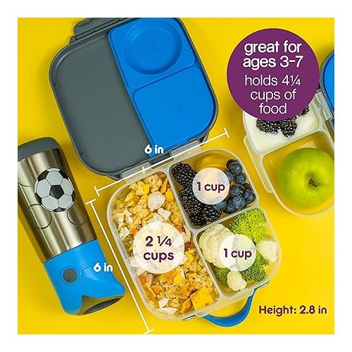  b.box Mini Lunch Box for Kids: Lightweight Bento Box, Lunch Snack Container with 2 Leak Proof Compartments. Ages 3+ School Supplies, BPA Free (Blue Blaze, 4¼ cup capacity)