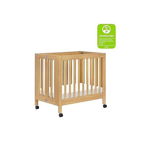  Babyletto Origami Mini Portable Crib Folding with Wheels in Honey, 2 Adjustable Mattress Positions, Greenguard Gold Certified