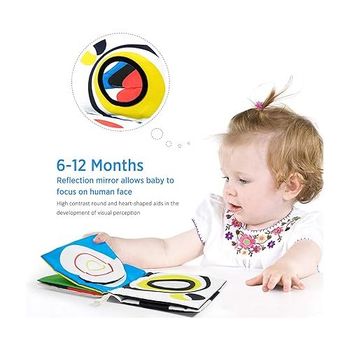  beiens Baby Books Toys, High Contrast Black and White Books Non Toxic Fabric Touch and Feel Crinkle Cloth Books Early Educational Stimulation Toys for Infants Toddlers, Baby Gift Soft Toys Mirror