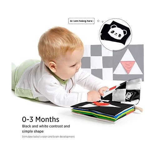  beiens Baby Books Toys, High Contrast Black and White Books Non Toxic Fabric Touch and Feel Crinkle Cloth Books Early Educational Stimulation Toys for Infants Toddlers, Baby Gift Soft Toys Mirror