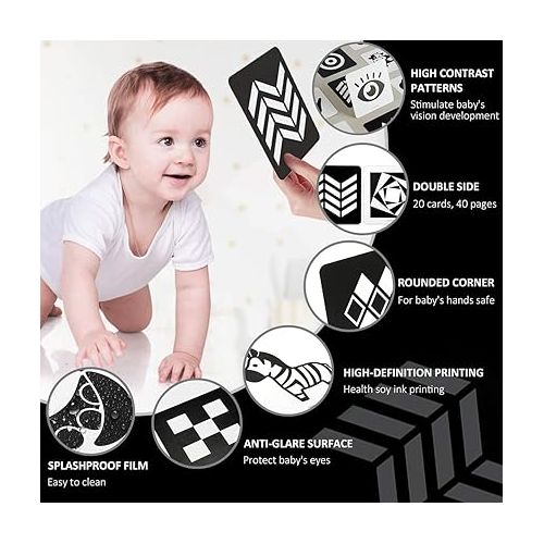  beiens High Contrast Baby Flashcards, Newborn Brain Development Toys, Visual Stimulation Learning Activity Cards, 20 PCs 40 Pages 5.5'' x 5.5'' Educational Infants Gift