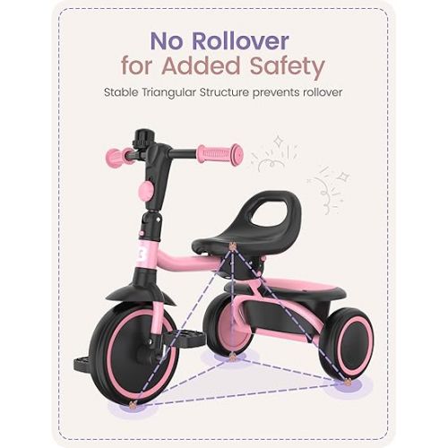  besrey Kids Tricycles Age 18 Month to 5 Years, Toddler Tricycle Kids Trikes Tricycle, Gift Toddler Tricycles for 2-5 Year Olds, Gift & Toys for Boy & Girl, Trikes for Toddlers, Pink