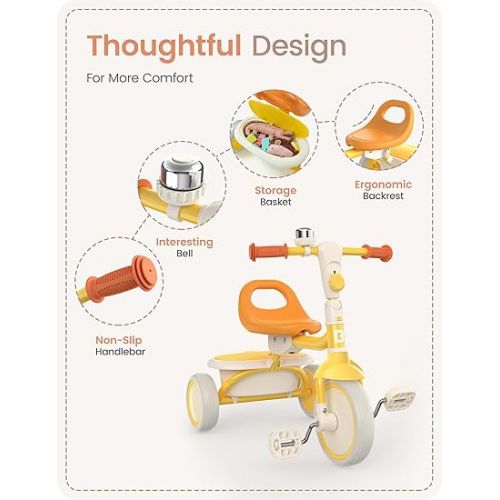  besrey Kids Tricycles Age 18 Month to 5 Years, Toddler Tricycle Kids Trikes Tricycle, Gift Toddler Tricycles for 2-5 Year Olds, Gift & Toys for Boy & Girl, Trikes for Toddlers, Yellow
