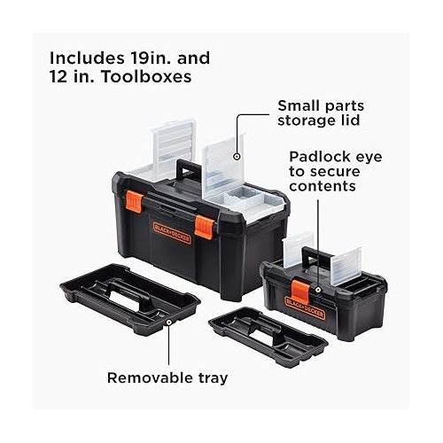  beyond by BLACK+DECKER Stackable Storage System & Small Parts Organizer Box with Dividers & Craft Storage, 17-Compartment, 2-Pack & beyond by BLACK+DECKER Tool Box Bundle, 19-Inch & 12-Inch