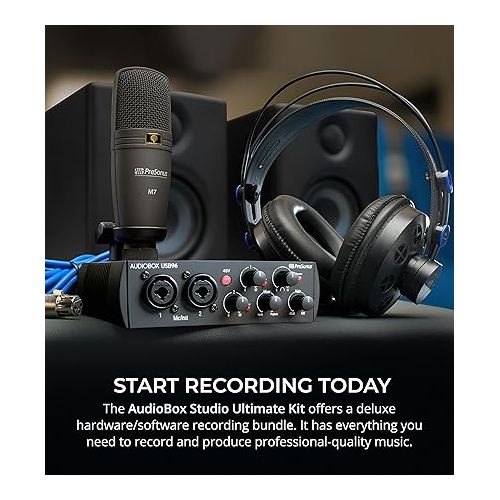  PreSonus AudioBox Studio Ultimate Bundle 25th Anniversary Edition with Studio Monitors and Studio One Artist, Blucoil Adjustable Mic Stand, Pop Filter Windscreen, and 2-Pack of Acoustic Isolation Pads