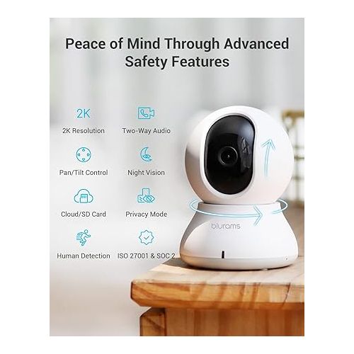  blurams Security Camera, 2K Indoor Camera 360° Pet Camera for Home Security w/Motion Tracking, Phone App, 2-Way Audio, IR Night Vision, Siren, Works with Alexa & Google Assistant(2.4GHz ONLY)