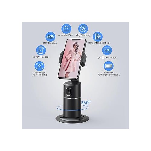 Auto Face Tracking Phone Holder, No App Required, 360° Rotation Face Body Phone Tracking Tripod Smart Shooting Camera Mount for Live Vlog Streaming Video, Rechargeable Battery-Black