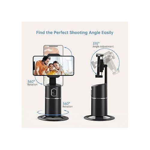  Auto Face Tracking Phone Holder, No App Required, 360° Rotation Face Body Phone Tracking Tripod Smart Shooting Camera Mount for Live Vlog Streaming Video, Rechargeable Battery-Black