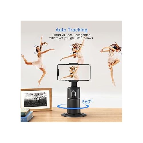  Auto Face Tracking Phone Holder, No App Required, 360° Rotation Face Body Phone Tracking Tripod Smart Shooting Camera Mount for Live Vlog Streaming Video, Rechargeable Battery-Black