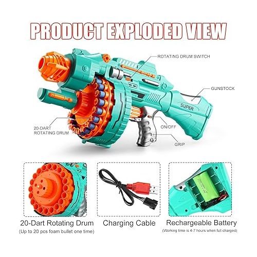  Toy Gun Automatic Electric Toy Foam Blasters & Guns with 200 Foam Bullets, 20-Dart Rotating Drum, Motorized Toys Guns for 6-12 Year Old Boys, Birthday Xmas Gifts for Kids & Teens