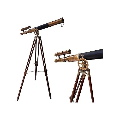  Nautical Style Black Leather Telescope Maritime Brass Antique Double Barrel Designer Telescope Wooden Floor Standing Tripod