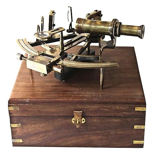  Antique German Working Model Brass Sextant Marine Sea Collectible Nautical Telescope Navigational Instrument with Compass and Telescope Home & Office Decor